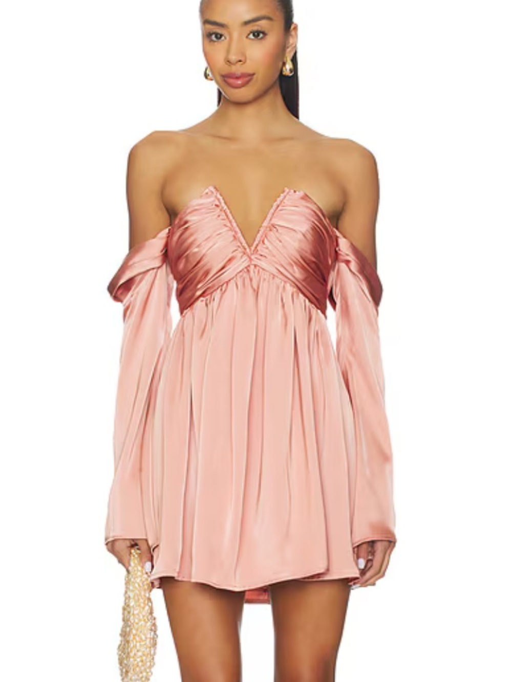 More To Come Regina Off Shoulder Dress Blush Satin mini Revolve NWT S